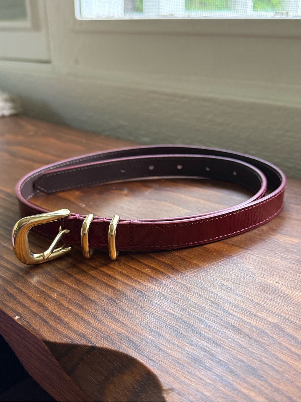 Sezane Patent Purple Burgundy Leather Belt with Gold Buckle